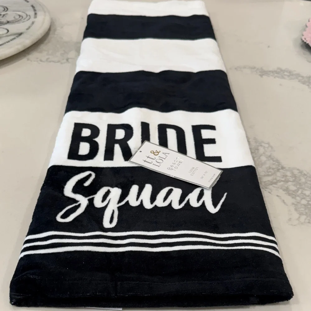 lola Black and White 'Bride Squad' Striped Beach Towel